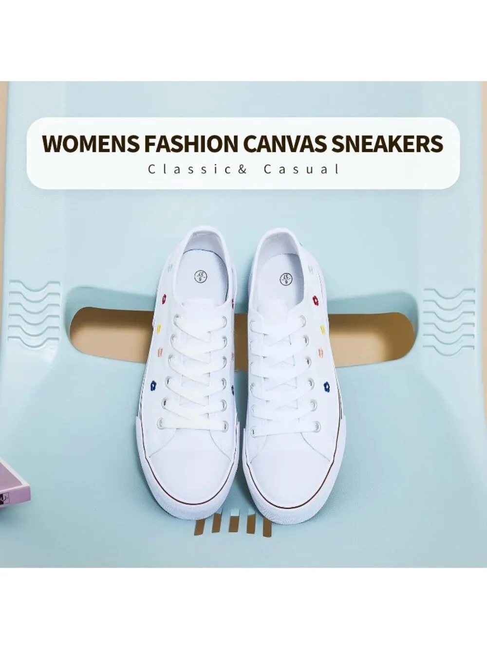 Women White Embroidery Lightweight Low Top Canvas Slip On Casual Fashion Sneaker